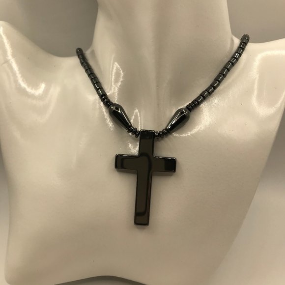 Hematite Cross Necklace Unisex 16 inch Necklace with Hematite 2 in Cross NEW - Picture 5 of 9